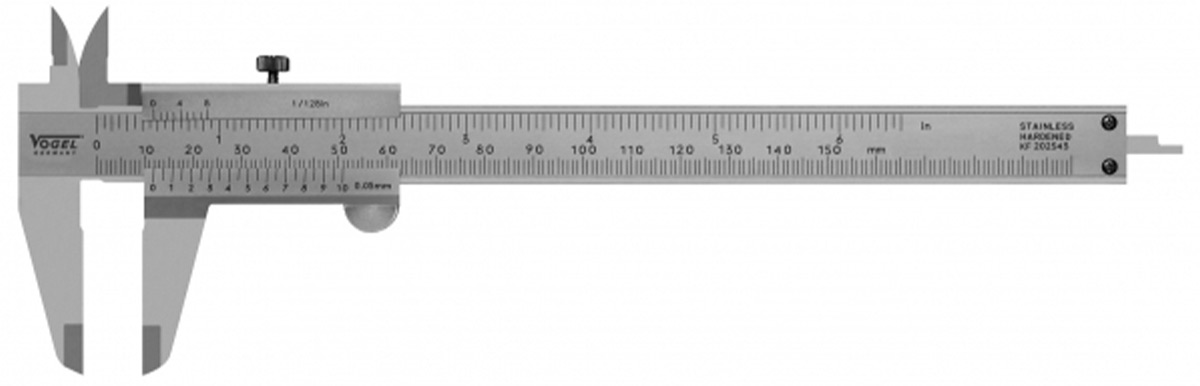 thuoc-cap-co-Vernier-Calipers-Vogel-germany-201023 Thước kẹp cơ khí 150mm, khoá bằng ngón tay cái, độ chính xác 0.05mm, ngàm 40mm.